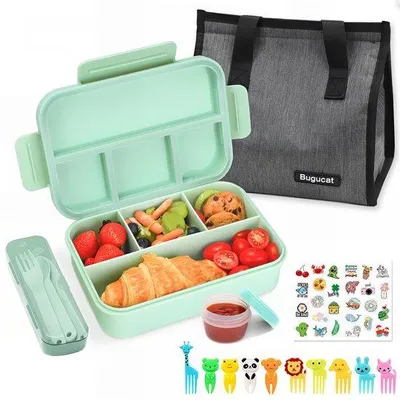Produktbild von Grüne Lunchbox 1300ML mit Besteck und Fruchtfork für Kinder und Erwachsene