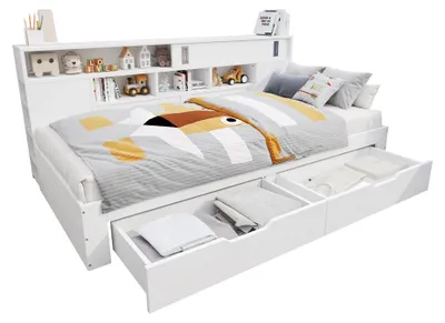 Obrázok produktu pre Detská postieľka – Multifunkčná posteľ vhodná aj na denné používanie s úložným priestorom – 140 x 200 cm – Drevo a MDF – S zásuvkami – Knihovňa – Biela