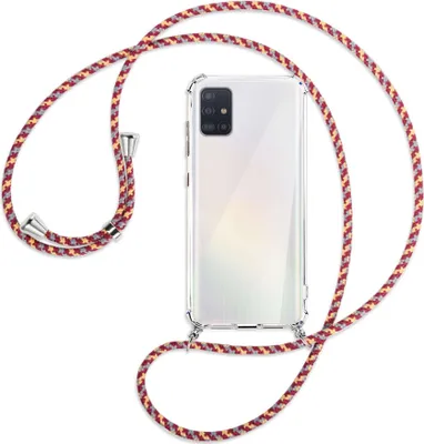 Produktbild von Handykette Backcover-Schutzhülle mit Band (Metall silberfarben) für Samsung Galaxy A51 (A515) - weinrot/gelb/grau