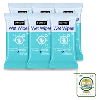 Image de 6 paquets de lingettes Sence pour les mains et le visage - 15 lingettes par paquet - Pack économique - 6 pièces