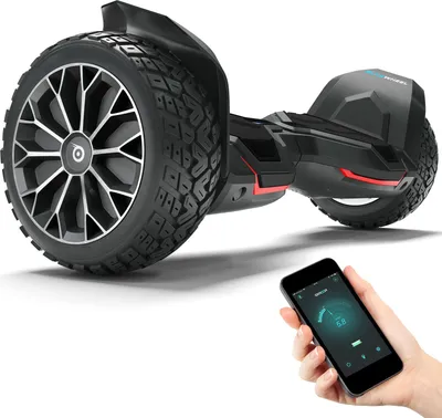 A black hoverboard with large tires and red accents is shown on a white background. A hand holding a smartphone displaying a control app is in the foreground.