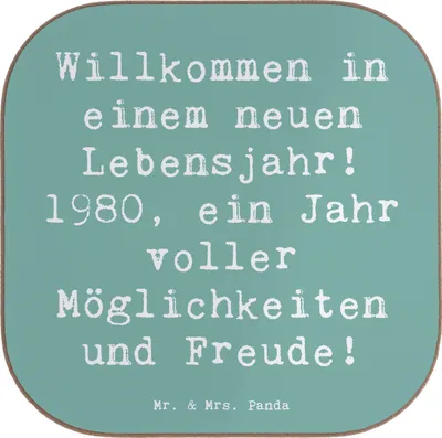 Produktbild von Mr. & Mrs. Panda Untersetzer Tasse Spruch 1980 Geburtstag - Meeresbrise - Geschenk, Alter, Geburtstagsfreude, Coaster, Holzuntersetzer, Geburtstagsgeschenk, Freude, Glas