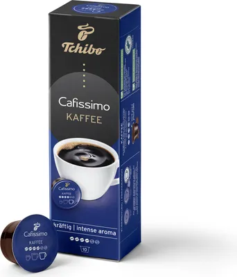 A box of Tchibo Cafissimo coffee capsules and one capsule are shown against a white background.