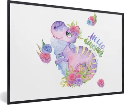 Produktbild von MuchoWow® Gerahmtes Poster Dinosaurier - Kinderzimmer - Aquarell - Mädchen - Kinder - Rosa 90x60 cm - Poster mit Schwarzem Bilderrahmen Wandposter Rahmen Foto Bilder - Fotorahmen - Foto-Plakat