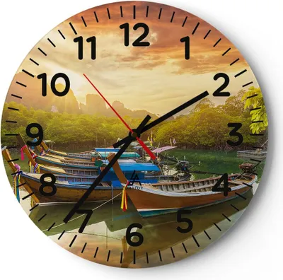 Produktbild von Wanduhr - Rund - Glasuhr - Berge Boot Wasser - 30x30cm - Schleichendes Uhrwerk - Lautlos - zum Aufhängen bereit - Dekoration Modern - Wanddekoration aus Glas - C4AR30x30-4003