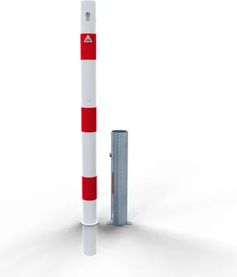 Produktbild von Schake Absperrpfosten herausnehmbar aus Stahlrohr Ø60x2,5mm weiß mit rot reflektierenden Leuchtstreifen, Stahlkappe und Profilzylinderschloss 900mm Überflur ohne Ösen