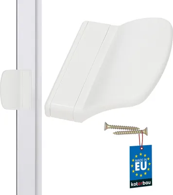 A white plastic balcony door handle and two screws are shown against a white background. A blue tag with 'MADE IN EU' and 'kotarbau' is attached to the screws.