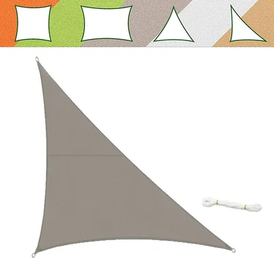 A grey triangular sun sail is shown on a white background, with a white rope coiled to its right. Above the sun sail, there are small illustrations of different shapes of sun sails on a colorful background.
