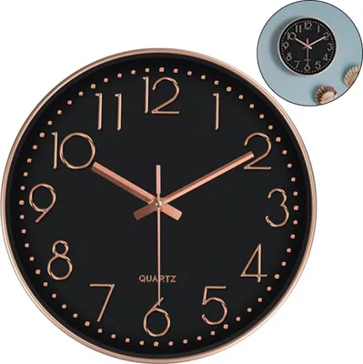 Produktbild von Leise 12-Zoll Wanduhr mit Sweep-Uhrwerk, schwarzes Design mit goldenem Rahmen, Metallzeiger, für Wohnzimmer, Schlafzimmer & Büro