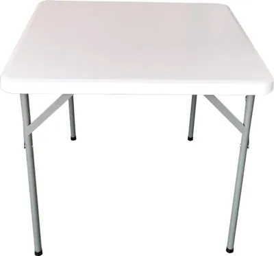 A white folding table with gray metal legs against a white background.
