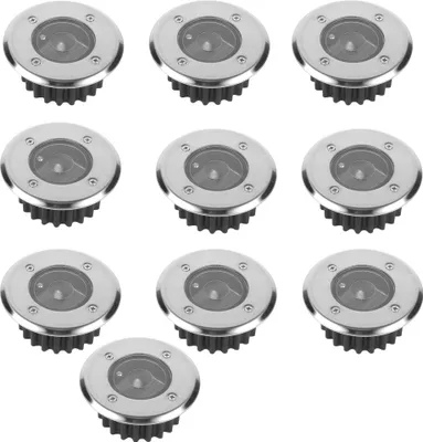A set of ten round, silver-colored solar LED ground lights arranged in three rows on a white background.