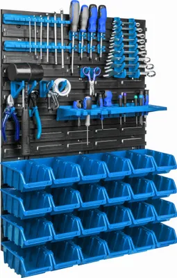 A tool organization system mounted on a wall, featuring various tools and storage bins.
