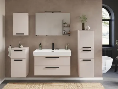 Produktbild von Badmöbel Komplett Set in kaschmir, Waschtisch 100 cm Breite und Spiegelschrank mit Beleuchtung - ATELLA-03