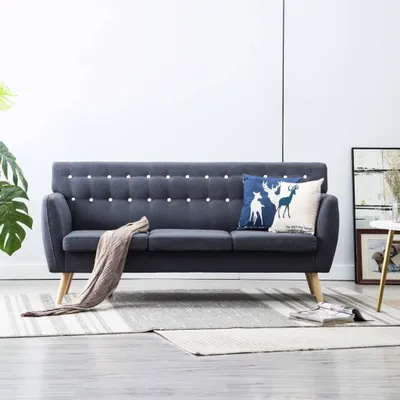 A dark gray three-seater sofa is shown in a room with a plant and a rug.