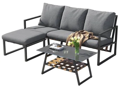 Produktbild von Gartenlounge-Set Gartenmöbel-Set für 4 Personen mit verzinktes Stahlrohr Ecksofa (Sofa+Couchtisch+Fußhocker), Balkonmöbel Mit Eckgarnitur Für Outdoor