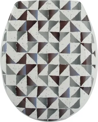 A toilet seat with a geometric pattern.