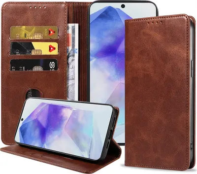 Produktbild von Smartphonica Handytasche passend für Samsung Galaxy A55 Kunstleder mit Magnetverschluss und Kartenhalter Buchhülle mit Klappe - Dunkelbraun