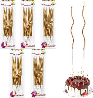 Obrázok produktu pre 60 spirálovitých sviečok na tortu, zlatá farba, vhodné na oslavy, výška 15 cm, narodeninové sviečky, spirálovité sviečky na narodeniny, svadby a iné oslavy