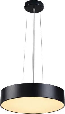 A black pendant light fixture with a white illuminated diffuser.