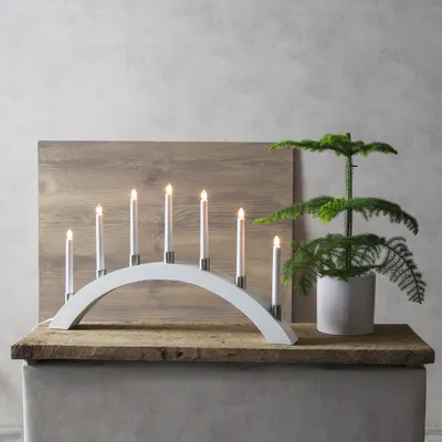 Produktbild von Lichterbogen TALL  - 7 warmweiße Glühlampen - L: 67cm, H: 40cm - Holz - Schalter - Weiß
