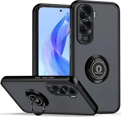 Produktbild von Hülle für Honor 90 Lite 5G Ring Halter Ständer Matte Transluzent TPU Bumper Stoßfest Schutzhülle Schwarz
