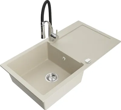 Image de Mexen Leo évier en granit 1 bac avec égouttoir et mélangeur Aster, Beige - 6501-69-73450-07