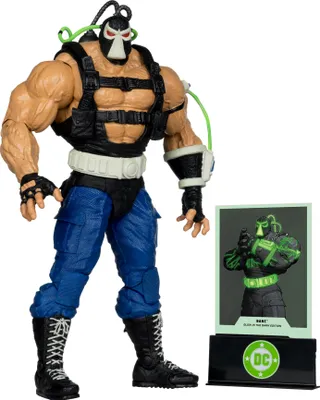 A DC Multiverse Mega Action Figure of Bane, presented in a studio shot with a white background. A small card displaying a glow-in-the-dark version of Bane is also included.