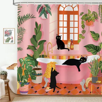 Image de Rideau de douche avec des motifs de chats amusants, dimensions 180 x 200 cm, imperméable et lavable