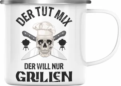 Produktbild von Trendation - Grill Emaille Tasse Geschenk Männer Steak Liebhaber Grillen Geschenkidee Vater BBQ's (Silber)