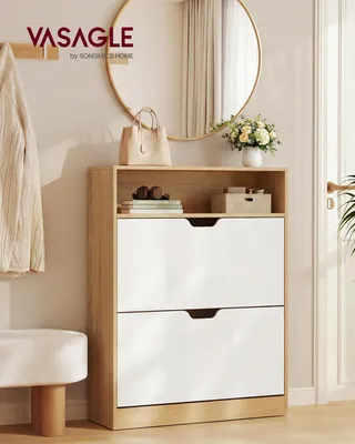 Produktbild von VASAGLE Schuhregal 2 Klappen, mit verstellbarer Trennwand, Schuhaufbewahrung, offenes Fach, 24 x 80 x 102 cm, eichenfarben-weiß