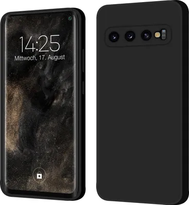 A black phone case is shown from the front and back.