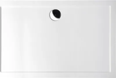 A white rectangular shower tray with a circular drain in the upper center.