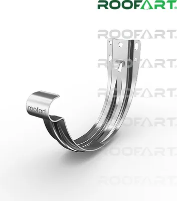 A silver gutter bracket is shown against a white background.