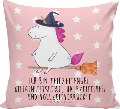 Produktbild von Mr. & Mrs. Panda kuschelkissen 40x40 Einhorn Hexe - Rot Pastell - Geschenk, Sofakissen, Teufel, Unicorn, kissen, Dekokissen, Zierkissen, Ehefrau, Kuschel, Freundin, Frau