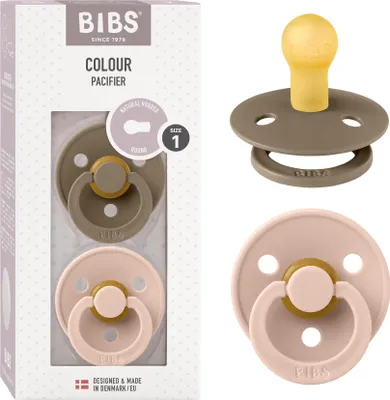 Produktbild von BIBS Colour Schnuller 2er-Pack, BPA-frei, Kirschform Nippel. Naturkautschuk / Latex, Hergestellt in Dänemark. Größe 1 (0-6 Monate), Dark Oak / Blush
