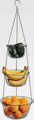 Produktbild von Fruit Hub, Hängender Obstkorb für die Küche, 3-stöckige Etagere aus Draht, Obst- und Gemüseaufbewahrung, Wandmontage, Schwarz, Rund, Hängekorb für Schrank oder Decke