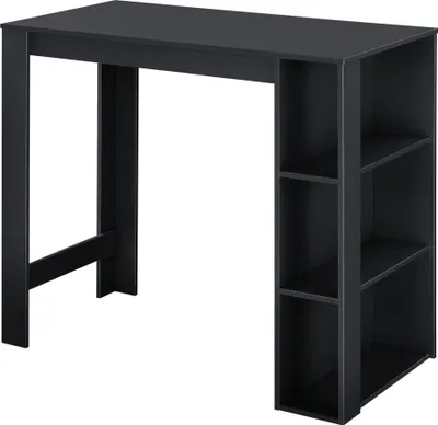 A black bar table with integrated shelving is shown against a white background.