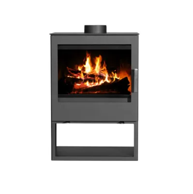 A modern black wood-burning stove with a large glass door showing a fire.