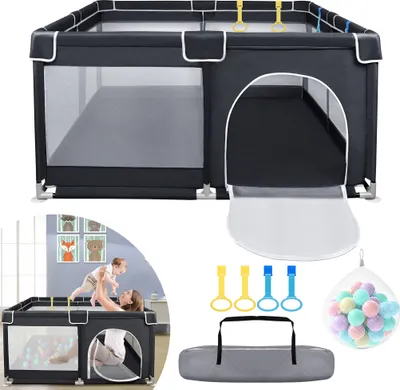 Produktbild von XMTECH ohrádka pro miminka 127×127×68cm, ohrádka pro miminka s prodyšnou síťovinou a míčky a 4 stahovacími kroužky,, extra velká ohrádka pro miminka a batolata, robustní bezpečnostní hrací plocha pro zábavu v interiéru, tmavě šedá barva