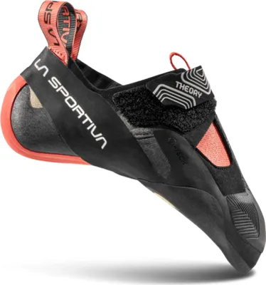 Kletterschuh "Theory Woman" von La Sportiva; schwarz mit roten Akzenten; für Klettern geeignet.