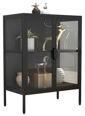 A black metal and glass display cabinet with decorative items on top and inside.