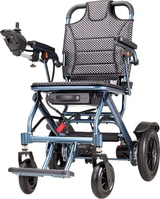 Produktbild von Elektrischer Rollstuhl faltbar leicht Transportrollstuhl für Senioren reisetauglich und schmal bis 150 kg 500W Motor herausnehmbarer 10Ah Akku bis Azurblau