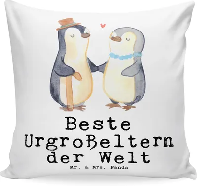 Produktbild von Mr. & Mrs. Panda Dekokissen Pinguin Beste Urgroßeltern der Welt - Weiß - Geschenk, Omi, Deko Kissen, 40x40, Geschenkidee, Sofakissen, Oma, Opa, Kuschel, kuschelkissen