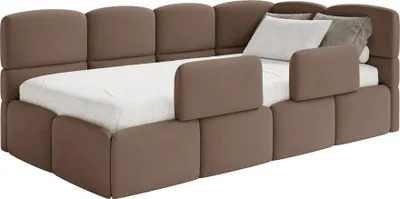 Produktbild von Selsey Cloudy – Kinderbett 90x200, Rausfallschutz, Kopfteil rechts, Samt Braun
