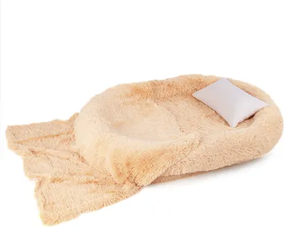A fluffy, oval-shaped pet bed with a small white pillow on it, set against a white background.
