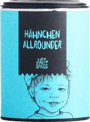 A can of spices with a drawing of a child on it.