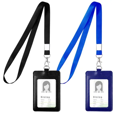 Image de Porte-badge avec lanière et porte-cartes, 2 porte-badges en cuir avec lanière, porte-cartes vertical avec lanière, pour un usage professionnel, salons, bureau, école (noir + bleu foncé)