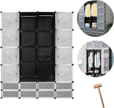 Produktbild von TolleTour DIY Kleiderschrank Regalsystem Schuhregal 16 Würfel Garderobe aus Kunststoff, 142x37x180cm Schwarz und weiß