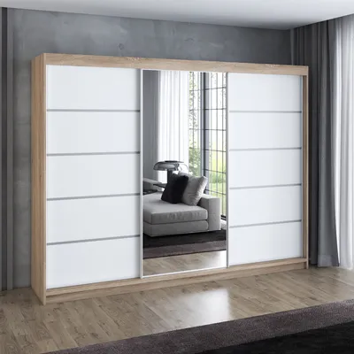 Produktbild von Schwebetürenschrank 200 cm, 3-türig, mit Spiegel & 4 Schubladen, Retro-Stil, modern, in Weiß/Schwarz/Sonoma – Kleiderschrank Velturo 1