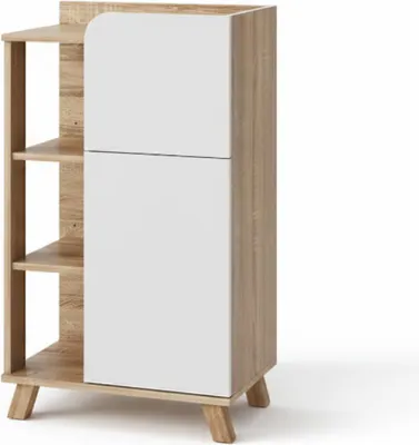 A product shot of a cabinet with shelves and a door, set against a white background.